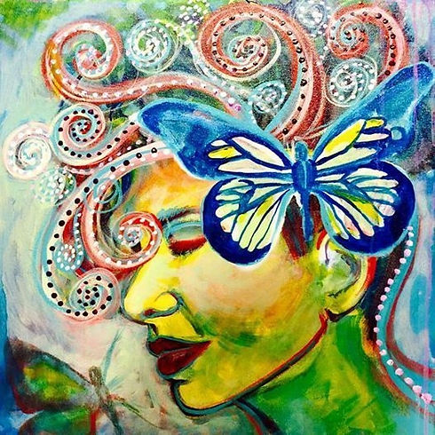 Colorful painting of a woman with a butterfly